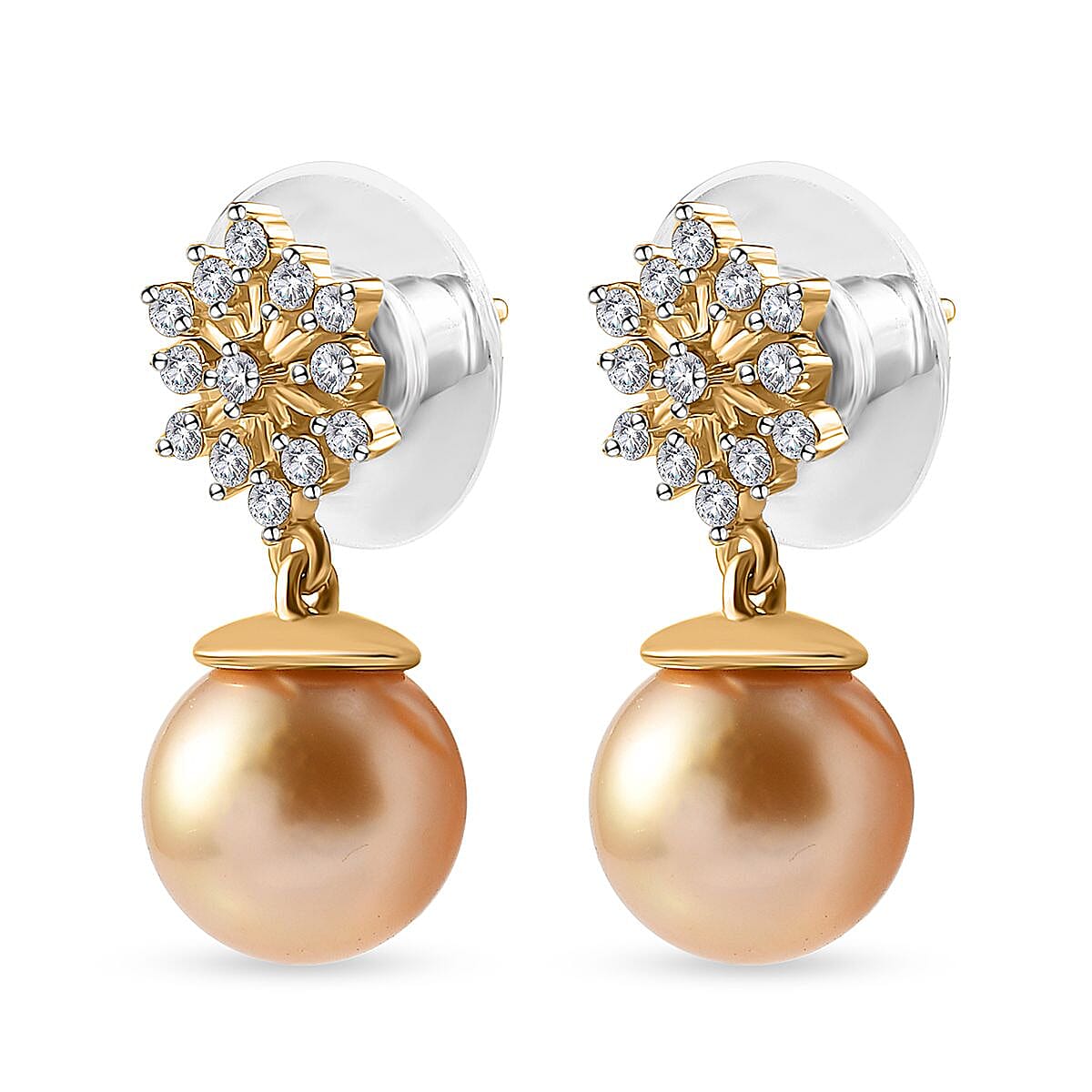 South Sea Golden Pearl 9-10mm and Moissanite Dangling Earrings in Vermeil Yellow Gold Over Sterling Silver 0.50 ctw