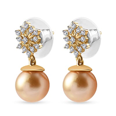 South Sea Golden Pearl 9-10mm and Moissanite Dangling Earrings in Vermeil Yellow Gold Over Sterling Silver 0.50 ctw