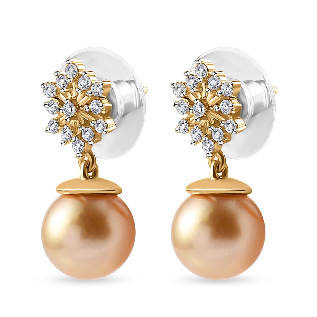 South Sea Golden Pearl 9-10mm and Moissanite Dangling Earrings in Vermeil Yellow Gold Over Sterling Silver 0.50 ctw image number 3