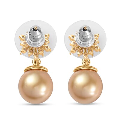 South Sea Golden Pearl 9-10mm and Moissanite Dangling Earrings in Vermeil Yellow Gold Over Sterling Silver 0.50 ctw