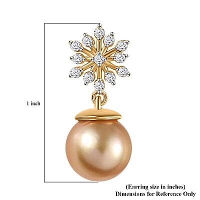 South Sea Golden Pearl 9-10mm and Moissanite Dangling Earrings in Vermeil Yellow Gold Over Sterling Silver 0.50 ctw