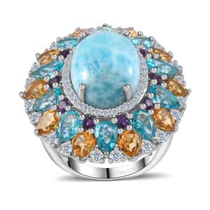 Larimar and Multi Gemstone Cocktail Ring in Platinum Over Sterling Silver (Size 10.0) 19.30 ctw