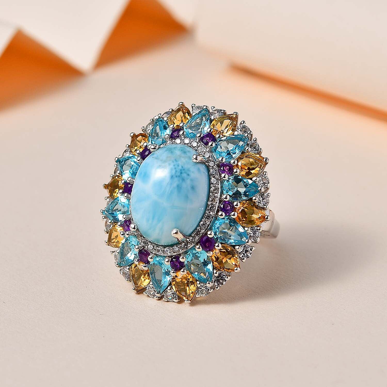 Larimar and Multi Gemstone Cocktail Ring in Platinum Over Sterling Silver (Size 10.0) 19.30 ctw