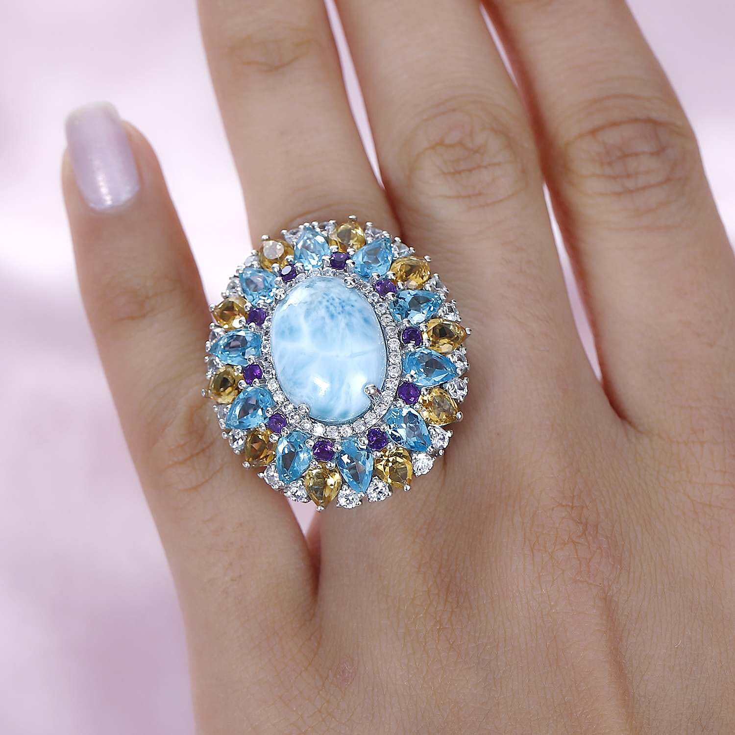 Larimar and Multi Gemstone Cocktail Ring in Platinum Over Sterling Silver (Size 10.0) 19.30 ctw