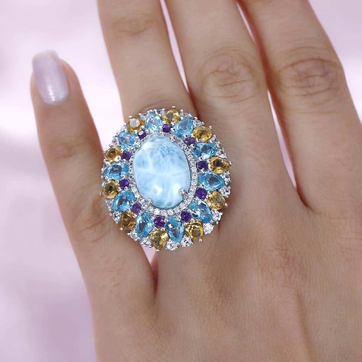 Larimar and Multi Gemstone Cocktail Ring in Platinum Over Sterling Silver (Size 10.0) 19.30 ctw image number 2