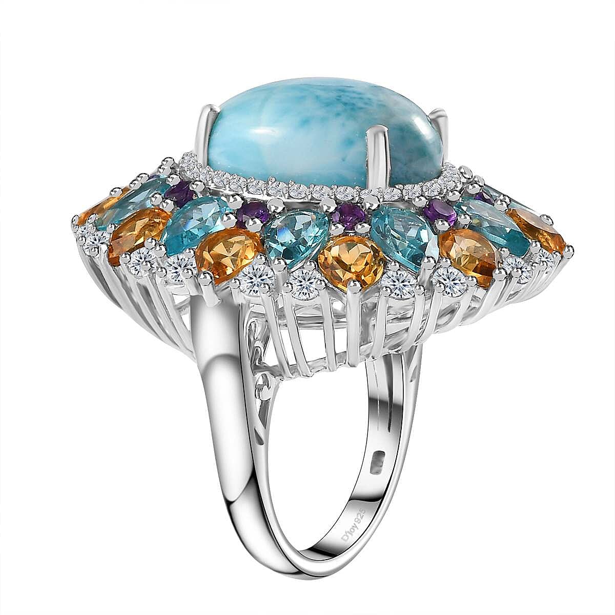 Larimar and Multi Gemstone Cocktail Ring in Platinum Over Sterling Silver (Size 10.0) 19.30 ctw
