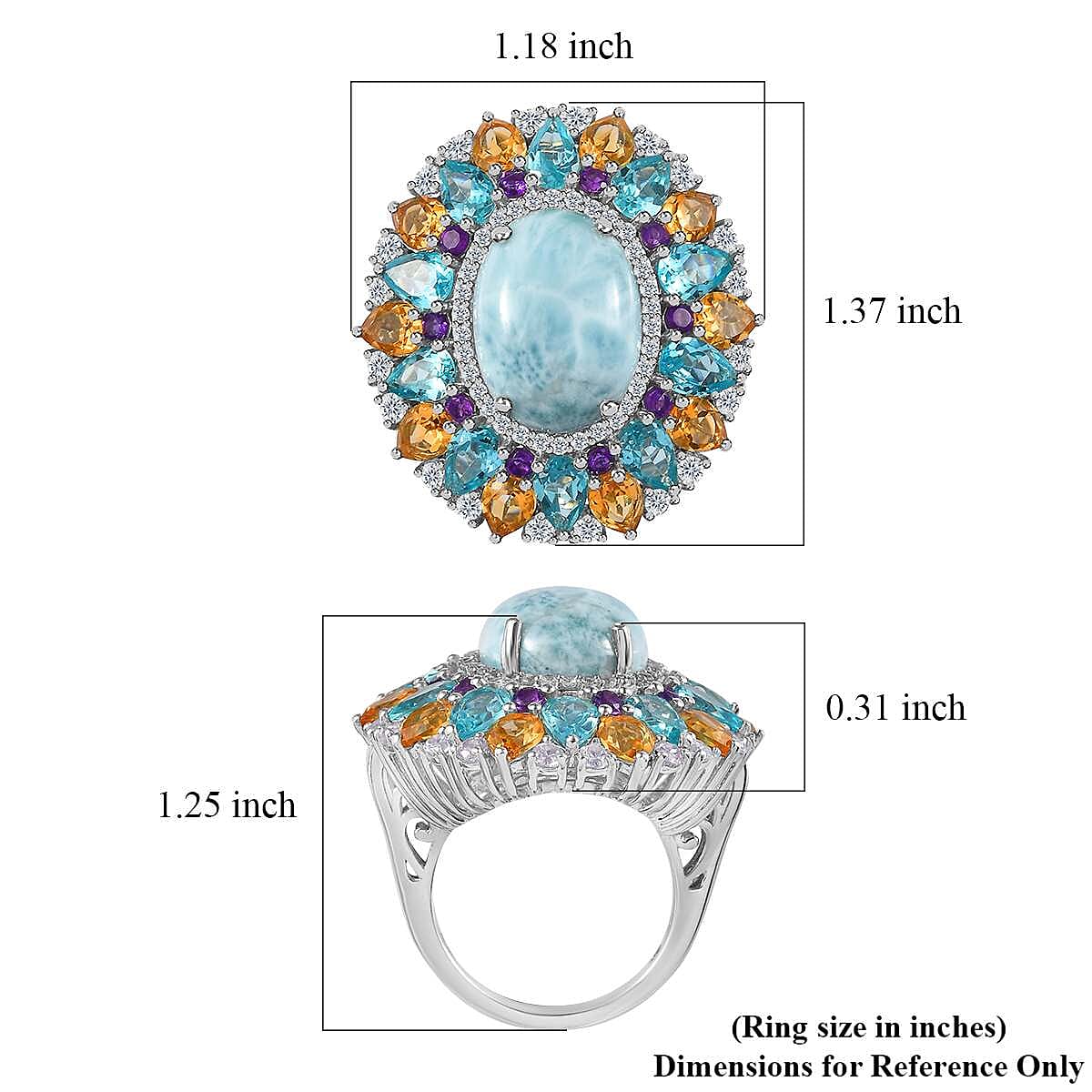 Larimar and Multi Gemstone Cocktail Ring in Platinum Over Sterling Silver (Size 10.0) 19.30 ctw
