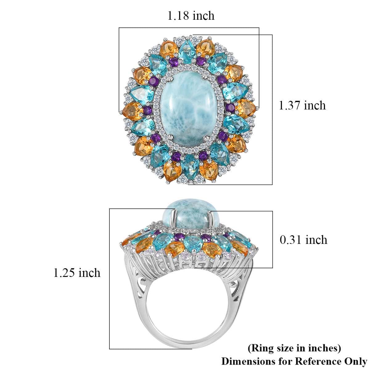 Larimar and Multi Gemstone Cocktail Ring in Platinum Over Sterling Silver (Size 10.0) 19.30 ctw image number 5