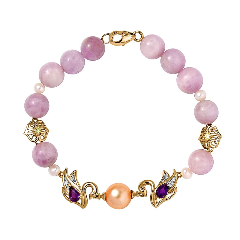 South Sea Golden Pearl and Multi Gemstone Adjustable Bracelet in Vermeil Yellow Gold Over Sterling Silver 49.85 ctw