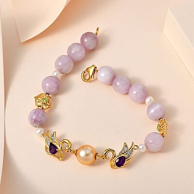 South Sea Golden Pearl and Multi Gemstone Adjustable Bracelet in Vermeil Yellow Gold Over Sterling Silver 49.85 ctw