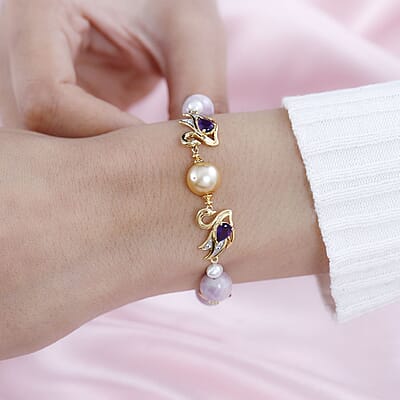 South Sea Golden Pearl and Multi Gemstone Adjustable Bracelet in Vermeil Yellow Gold Over Sterling Silver 49.85 ctw
