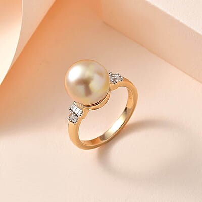 Luxoro 14K Yellow Gold South Sea Golden Pearl 11-12mm and I2 Diamond Ring (Size 10.0) 0.12 ctw