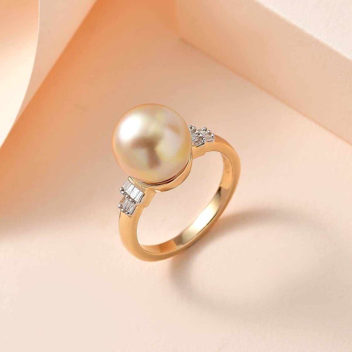 Luxoro 14K Yellow Gold South Sea Golden Pearl 11-12mm and I2 Diamond Ring (Size 10.0) 0.12 ctw image number 1