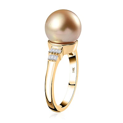 Luxoro 14K Yellow Gold South Sea Golden Pearl 11-12mm and I2 Diamond Ring (Size 10.0) 0.12 ctw