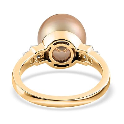 Luxoro 14K Yellow Gold South Sea Golden Pearl 11-12mm and I2 Diamond Ring (Size 10.0) 0.12 ctw