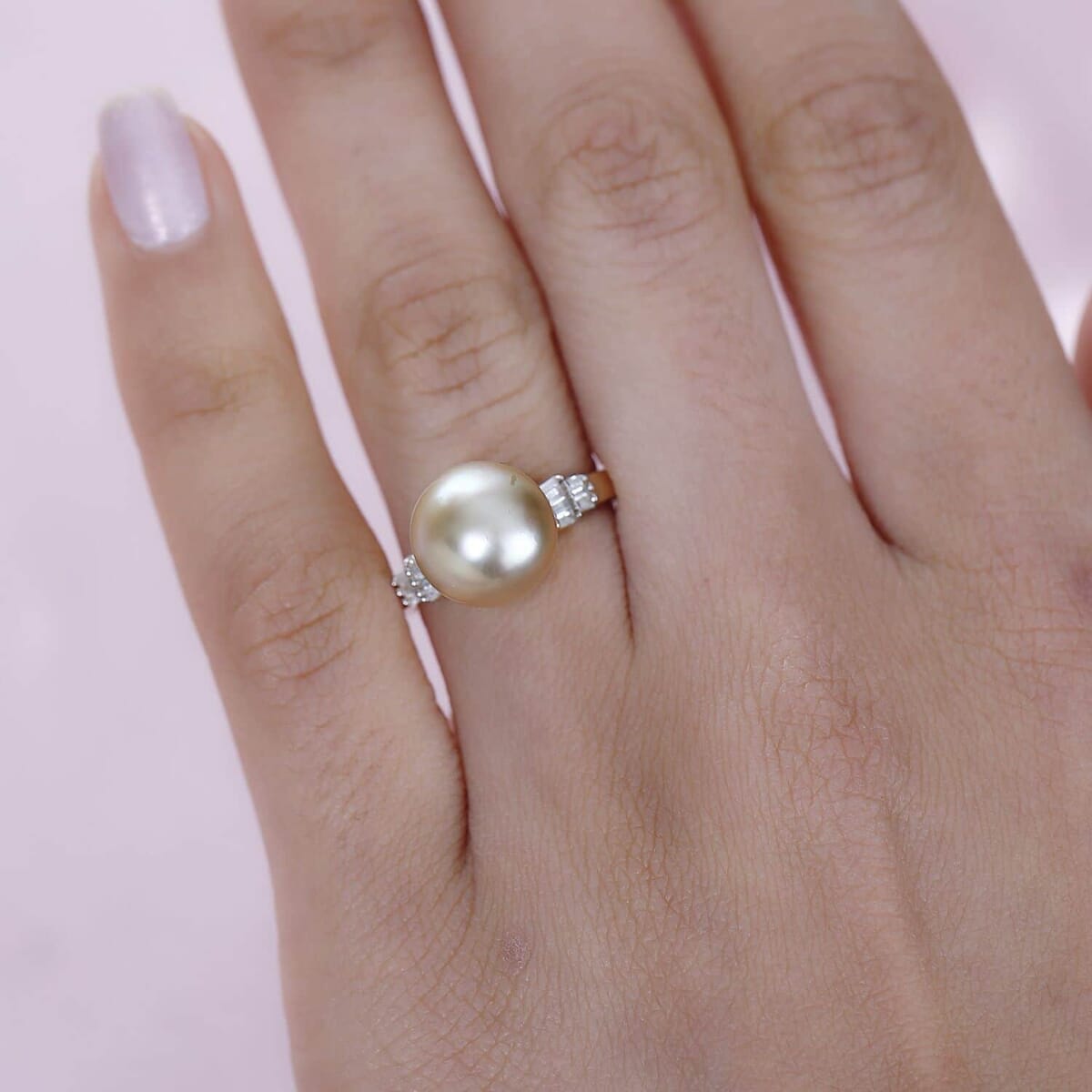 Luxoro 14K Yellow Gold South Sea Golden Pearl 11-12mm and I2 Diamond Ring (Size 8.5) 0.12 ctw image number 2
