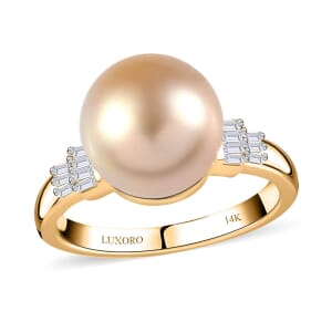 Luxoro 14K Yellow Gold South Sea Golden Pearl 11-12mm and I2 Diamond Ring (Size 9.5) 0.12 ctw