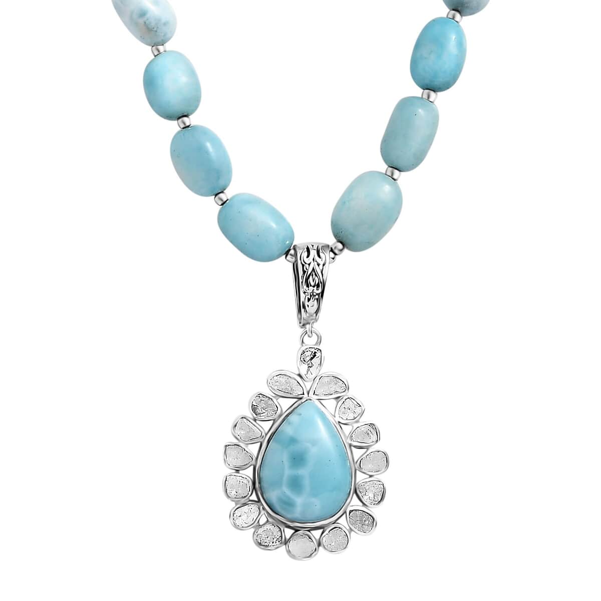 Artisan Crafted Larimar and Polki Diamond 147.10 ctw Halo 18-20 Inches in Platinum Over Sterling Silver image number 0