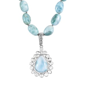 Artisan Crafted Larimar and Polki Diamond 147.10 ctw Halo Necklace 18-20 Inches in Platinum Over Sterling Silver