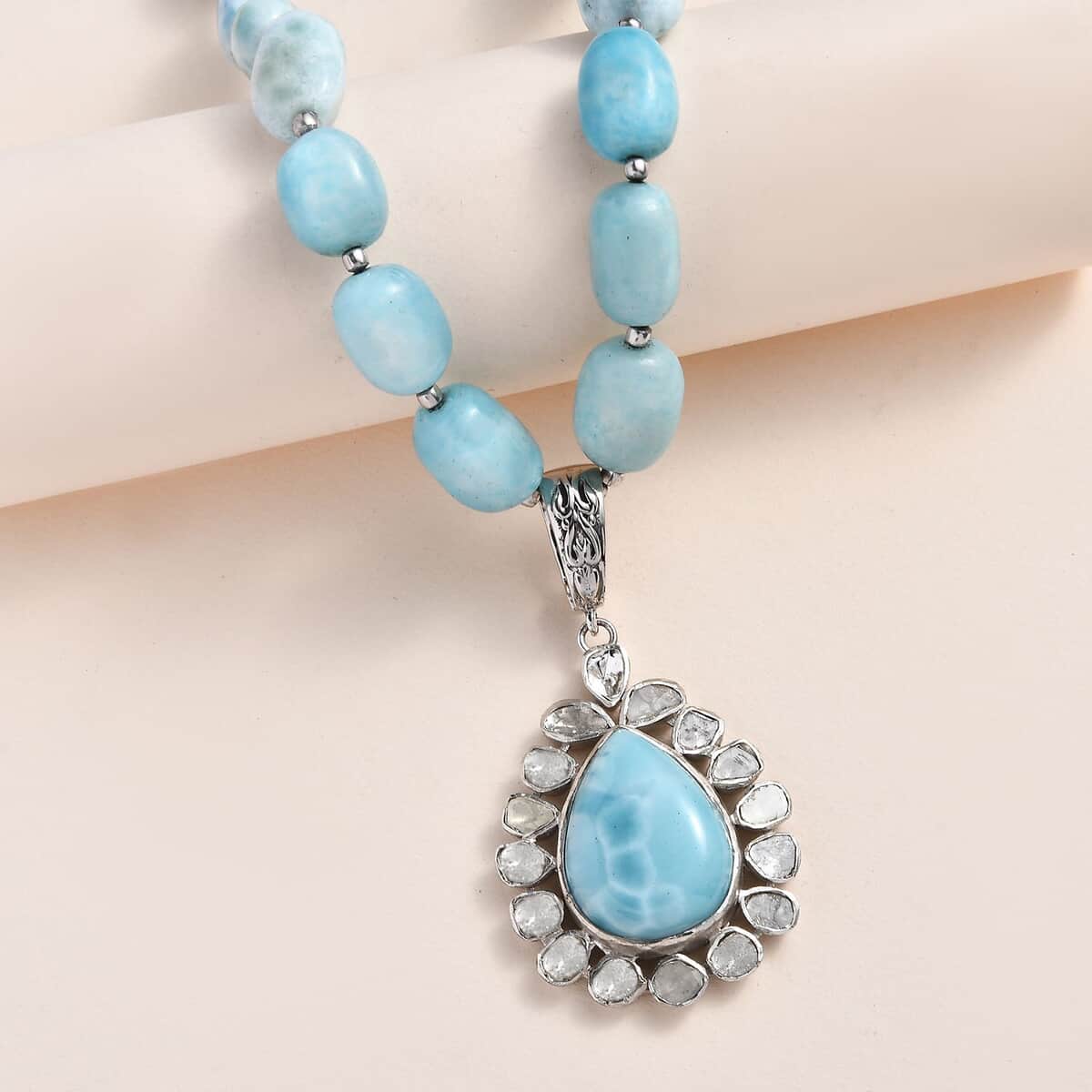 Artisan Crafted Larimar and Polki Diamond 147.10 ctw Halo 18-20 Inches in Platinum Over Sterling Silver image number 1