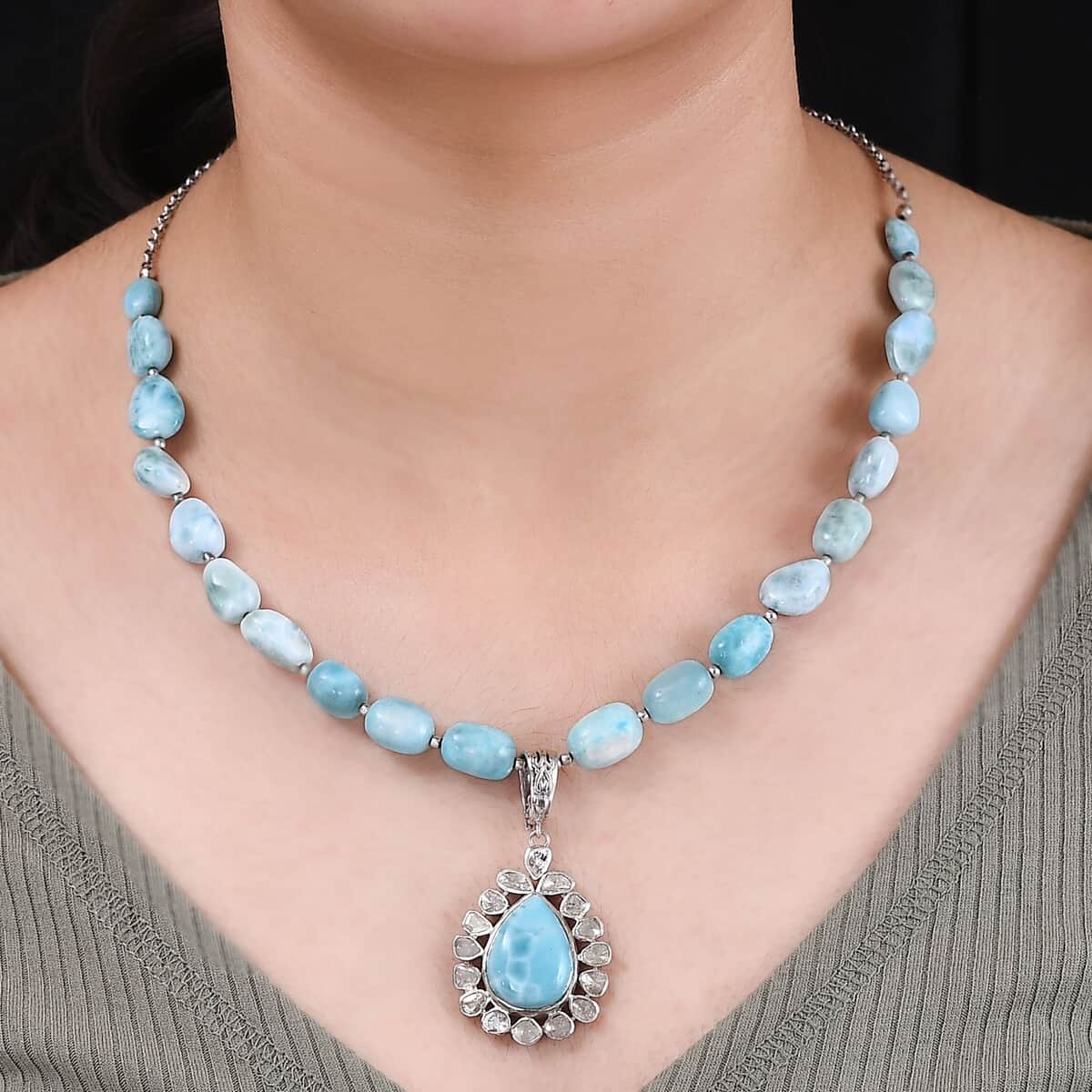 Artisan Crafted Larimar and Polki Diamond 147.10 ctw Halo 18-20 Inches in Platinum Over Sterling Silver image number 2