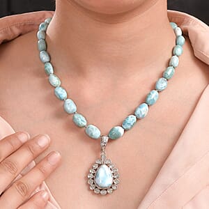 Artisan Crafted Larimar and Polki Diamond 147.10 ctw Tears of the Tide Necklace 18-20 Inches in Platinum Over Sterling Silver