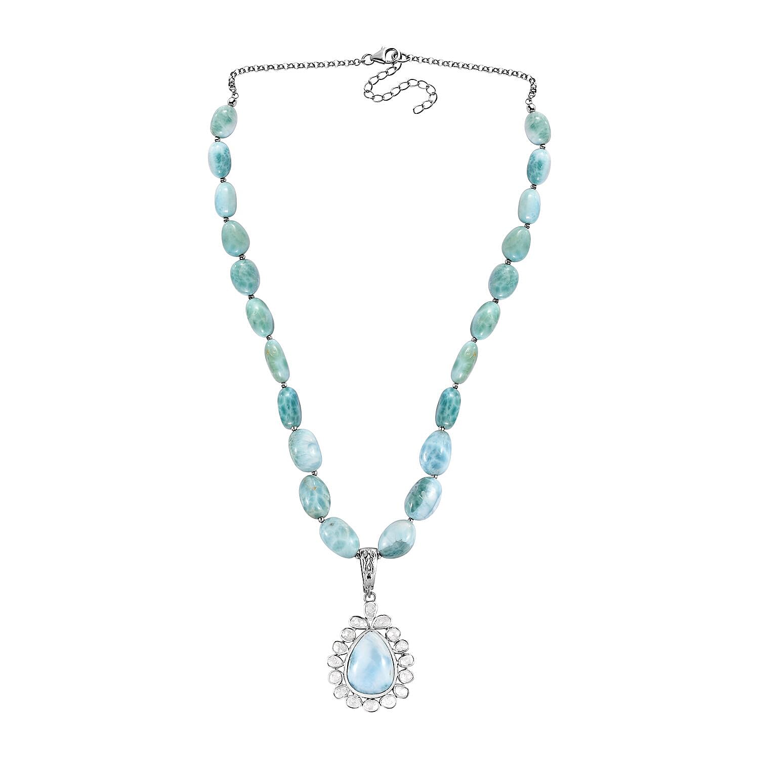 Artisan Crafted Larimar and Polki Diamond 147.10 ctw Tears of the Tide Necklace 18-20 Inches in Platinum Over Sterling Silver