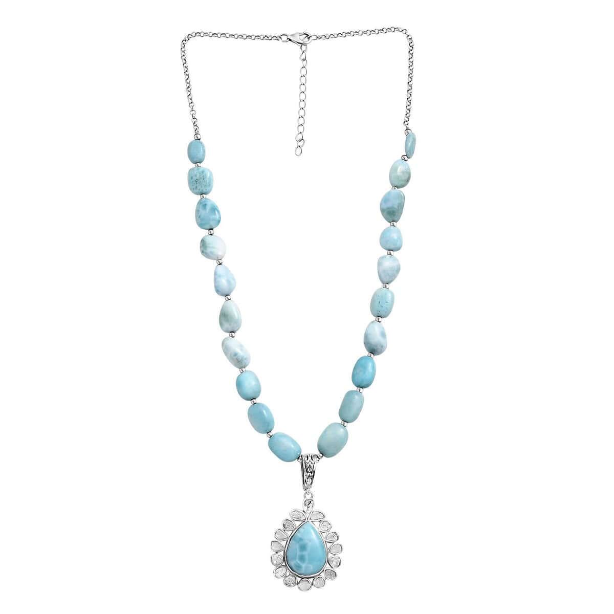 Artisan Crafted Larimar and Polki Diamond 147.10 ctw Halo 18-20 Inches in Platinum Over Sterling Silver image number 3