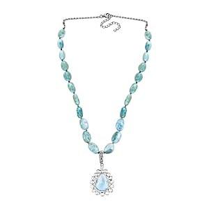 Artisan Crafted Larimar and Polki Diamond 147.10 ctw Tears of the Tide Necklace 18-20 Inches in Platinum Over Sterling Silver
