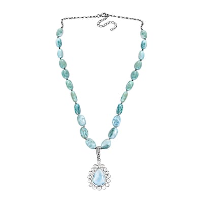 Artisan Crafted Larimar and Polki Diamond 147.10 ctw Tears of the Tide Necklace 18-20 Inches in Platinum Over Sterling Silver