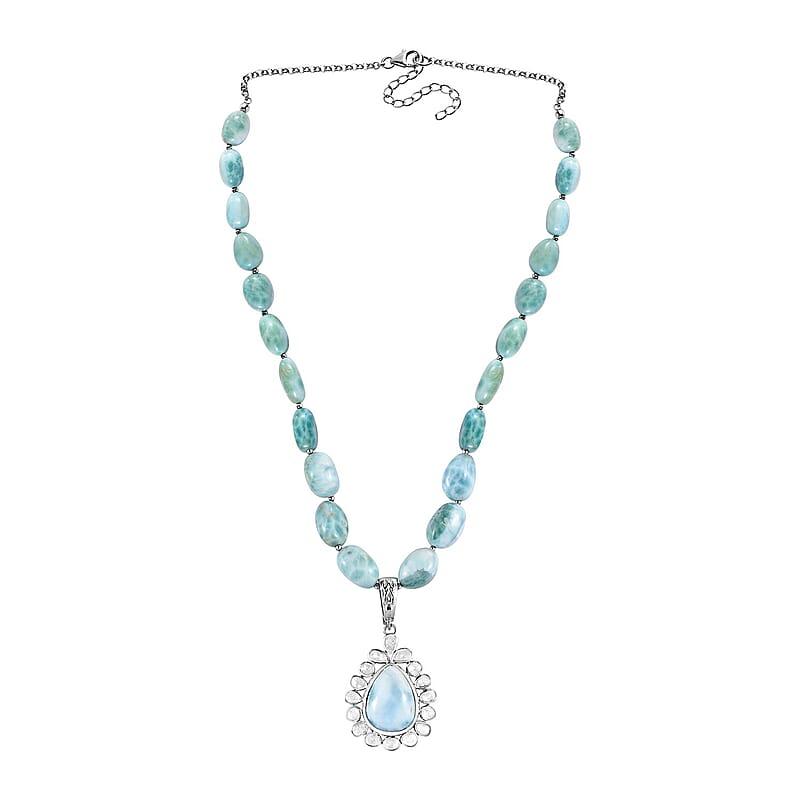 Artisan Crafted Larimar and Polki Diamond 147.10 ctw Tears of the Tide Necklace 18-20 Inches in Platinum Over Sterling Silver