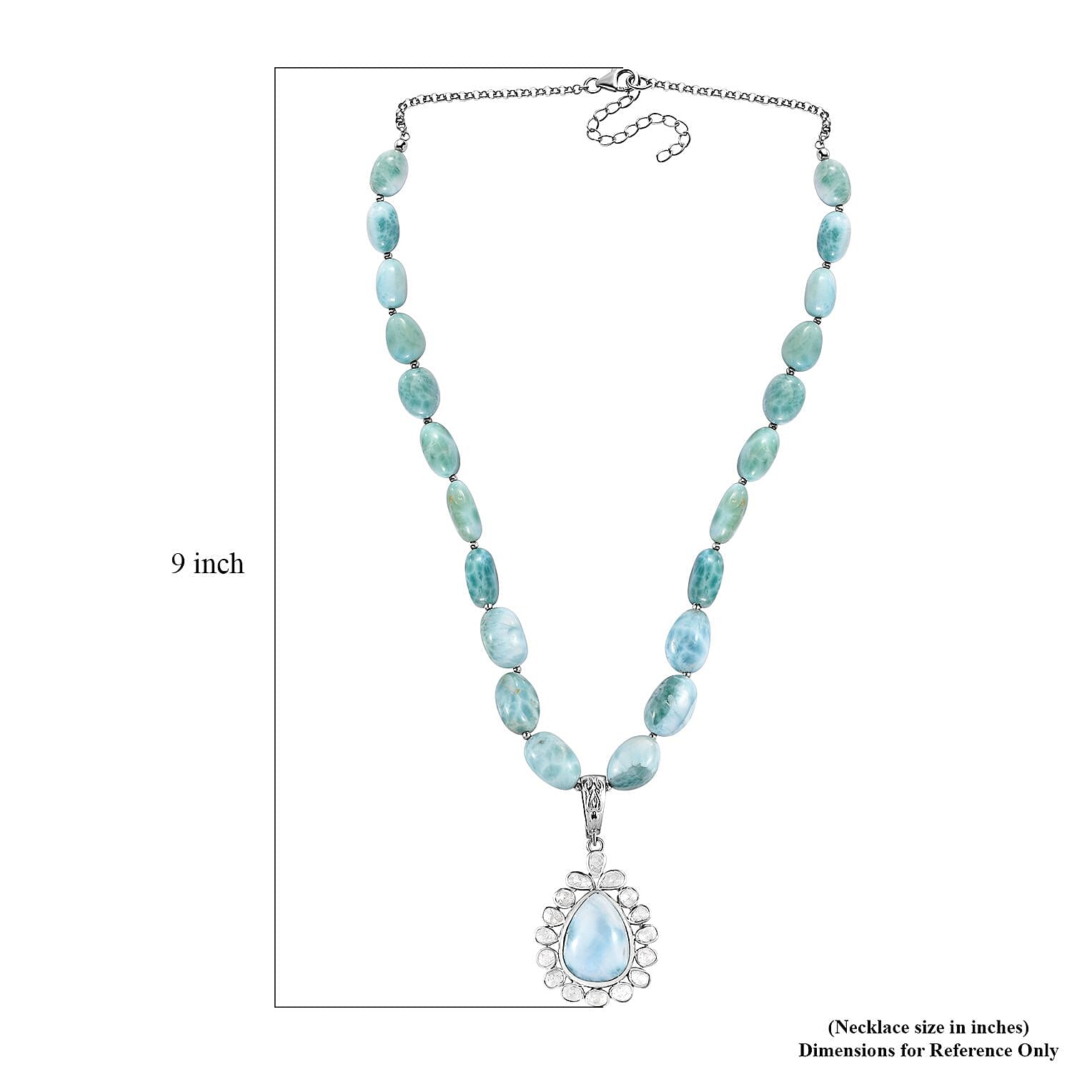 Artisan Crafted Larimar and Polki Diamond 147.10 ctw Tears of the Tide Necklace 18-20 Inches in Platinum Over Sterling Silver