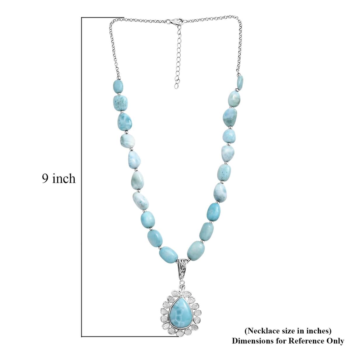 Artisan Crafted Larimar and Polki Diamond 147.10 ctw Halo 18-20 Inches in Platinum Over Sterling Silver image number 5