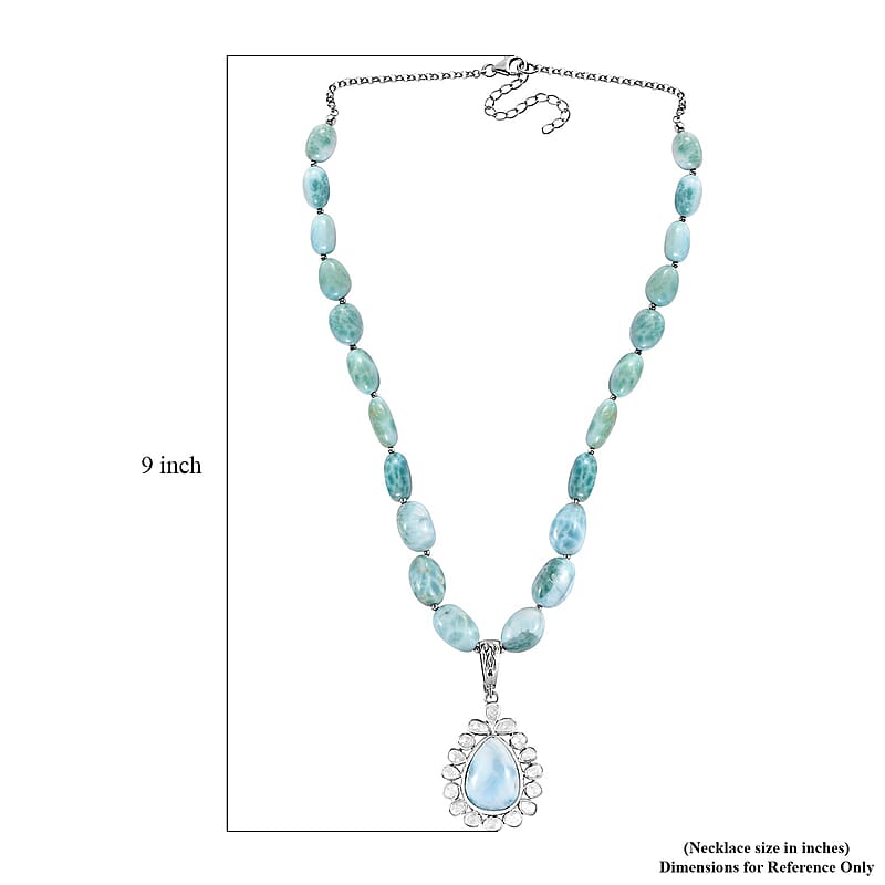 Artisan Crafted Larimar and Polki Diamond 147.10 ctw Tears of the Tide Necklace 18-20 Inches in Platinum Over Sterling Silver