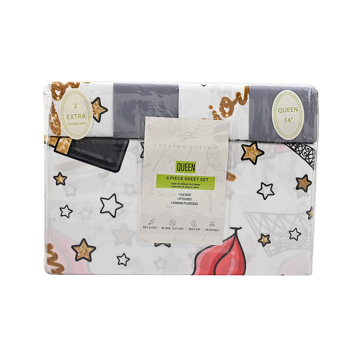 Supreme Living 6pc Gray & Gold Stars Print Microfiber Sheet Set -King image number 2