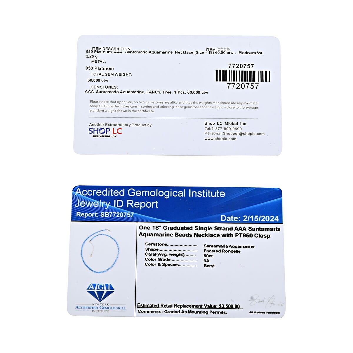 Certified and Appraised Rhapsody 950 Platinum AAA Santa Maria Aquamarine Beaded Necklace 18-20 Inches 60.00 ctw image number 4