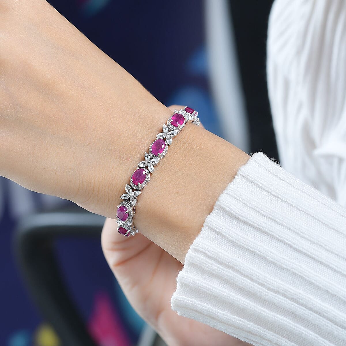 Niassa Ruby (FF) and White Topaz Bracelet in Platinum Over Sterling Silver (7.25 In) 20.00 ctw image number 2