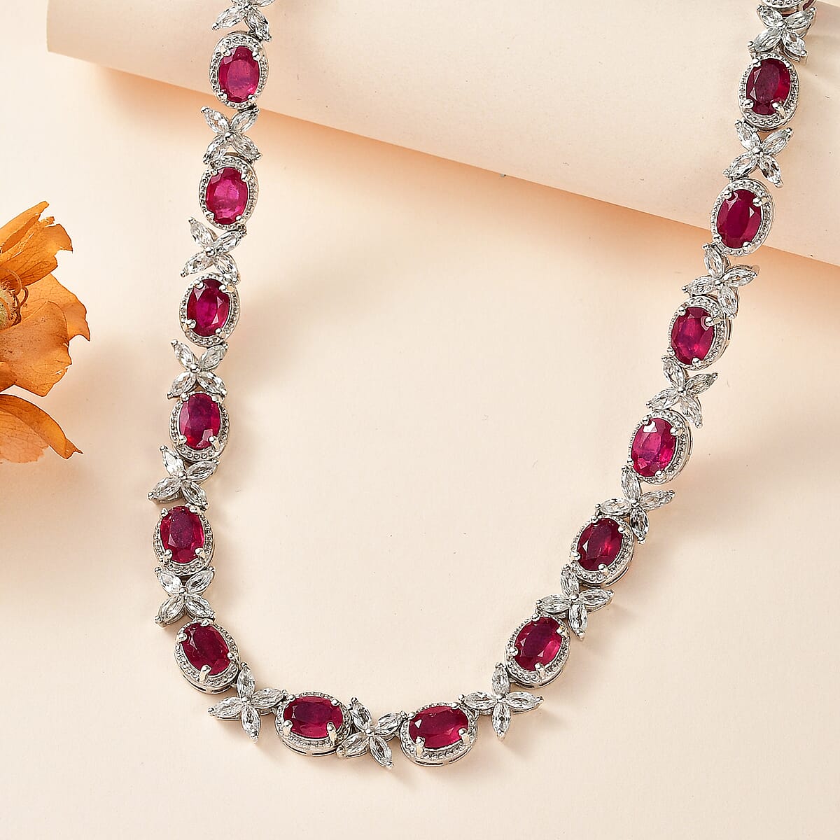 Niassa Ruby (FF) and White Topaz Necklace 18 Inches in Platinum Over Sterling Silver 49.30 ctw image number 1