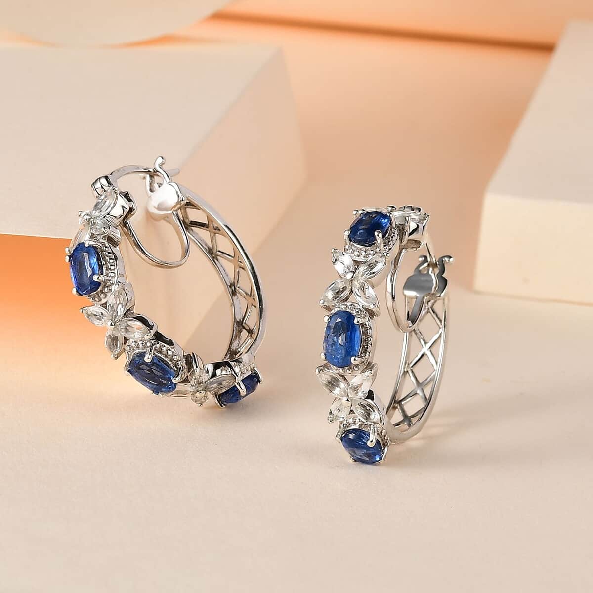 Kashmir Kyanite and White Topaz Hoop Earrings in Platinum Over Sterling Silver 6.00 ctw image number 1