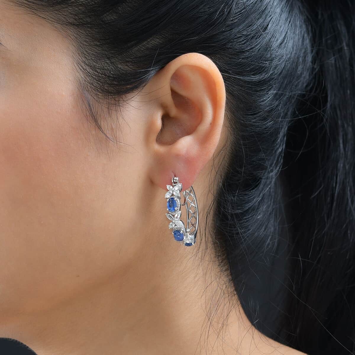 Kashmir Kyanite and White Topaz Hoop Earrings in Platinum Over Sterling Silver 6.00 ctw image number 2