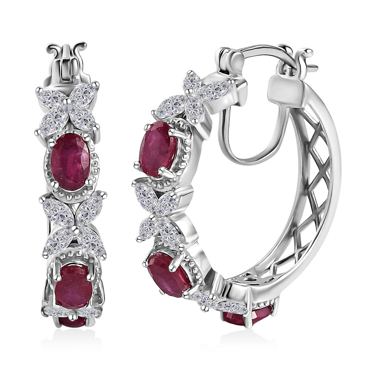 Niassa Ruby (FF) and White Topaz Hoop Earrings in Platinum Over Sterling Silver 6.60 ctw image number 0