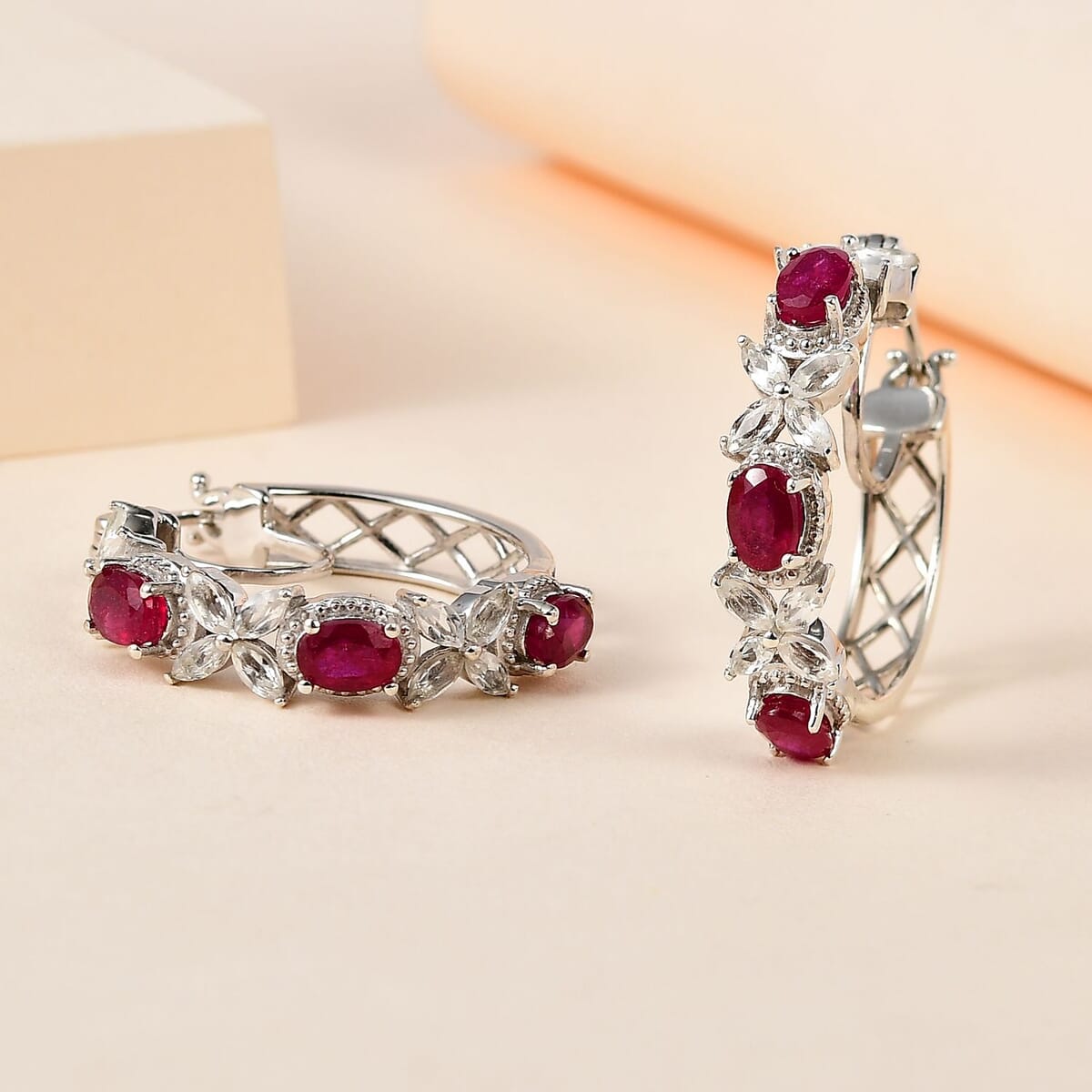 Niassa Ruby (FF) and White Topaz Hoop Earrings in Platinum Over Sterling Silver 6.60 ctw image number 1