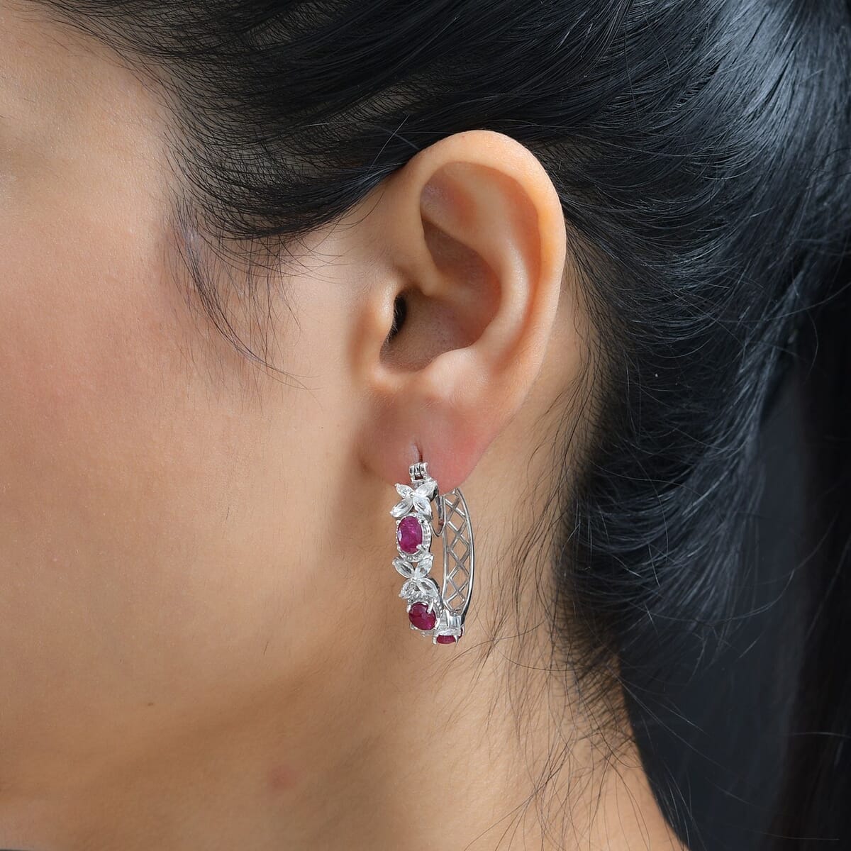 Niassa Ruby (FF) and White Topaz Hoop Earrings in Platinum Over Sterling Silver 6.60 ctw image number 2
