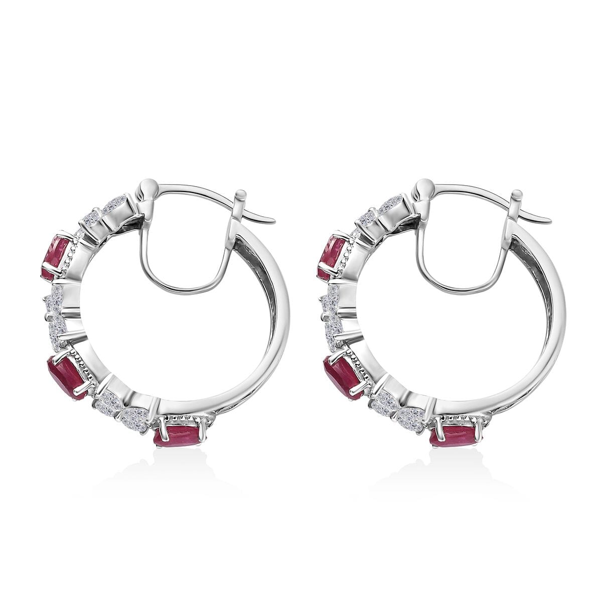Niassa Ruby (FF) and White Topaz Hoop Earrings in Platinum Over Sterling Silver 6.60 ctw image number 3