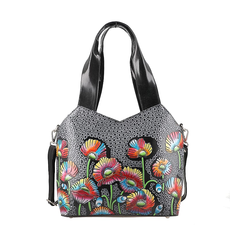 Vivid By SUKRITI Black 100% Genuine Leather Hand Painted Poppy Flower Shoulder Bag with Detachable Strap