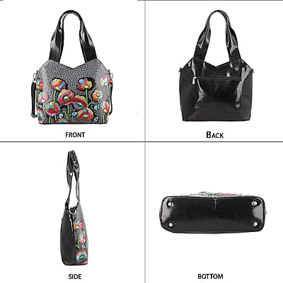 Vivid By SUKRITI Black 100% Genuine Leather Hand Painted Poppy Flower Shoulder Bag with Detachable Strap