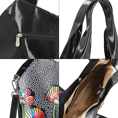 Vivid By SUKRITI Black 100% Genuine Leather Hand Painted Poppy Flower Shoulder Bag with Detachable Strap