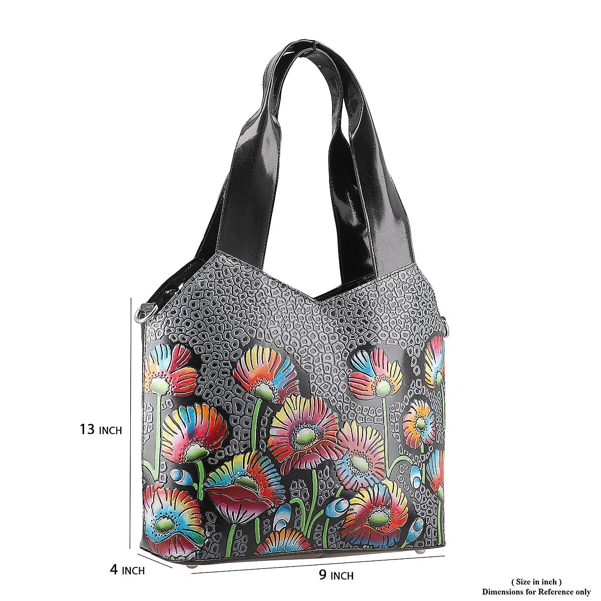 Vivid By SUKRITI Black 100% Genuine Leather Hand Painted Poppy Flower Shoulder Bag with Detachable Strap image number 5