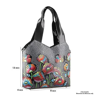 Vivid By SUKRITI Black 100% Genuine Leather Hand Painted Poppy Flower Shoulder Bag with Detachable Strap