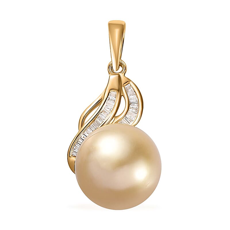 Luxoro 14K Yellow Gold South Sea Golden Pearl 12-13mm and I2 Diamond Pendant 0.14 ctw
